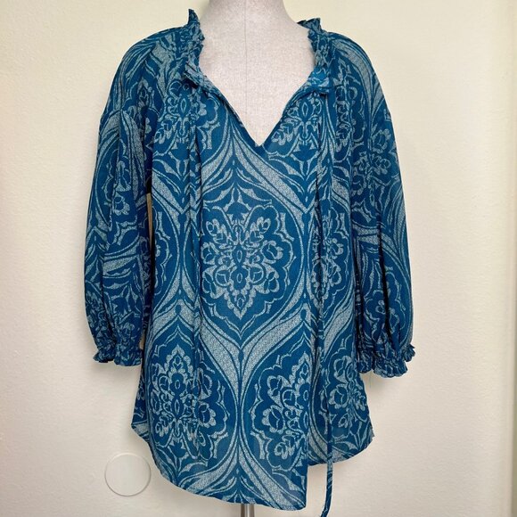 JOE FRESH Turquoise Blue Patterned Sheer 3/4 Sleeve Blouse Size Large - Picture 1 of 9